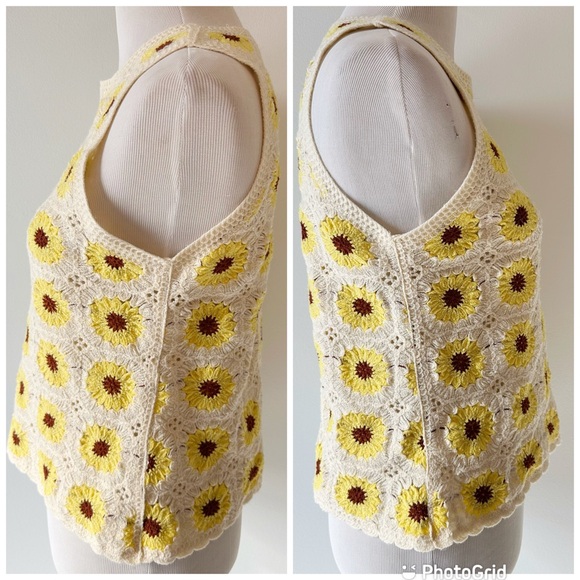 Rebellion Again Crochet Tank Sunflowers Cream Yellow Small Boho Festival Granny - Picture 4 of 16